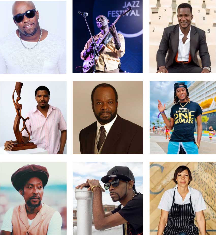 Image: [L-R] Soca artiste Teddyson John, Singer, musician, songwriter and producer Ronald “Boo” Hinkson, International cricketer Daren Julius Garvey Sammy, Sculptor Jallim Eudovic, Actor Joseph Marcell, Music producer and performer Lashley “Motto” Winter, Soca performer Ricky T Joseph, Chef Nina Compton. 
