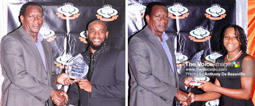 Image: (L-R) Parliamentary Representative for Gros Islet, Lenard Montoute presenting awards to senior male and female Athletes of the Year Albert Reynols and Jola Felix. (PHOTO: Anthony De Beauville) 