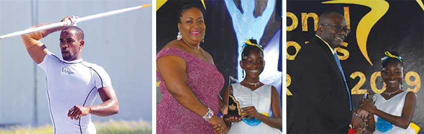 Image: (L-R) Javelin thrower Albert Reynolds; DPS Liota Charlemange – Mason presenting Albert Reynold’s daughter with the Athlete of the Year award; Sports Minister – Edmund Estaphane presenting Albert’s daughter with the Senior Sportsman of the Year award. (PHOTO: Anthony De Beauville)/DP