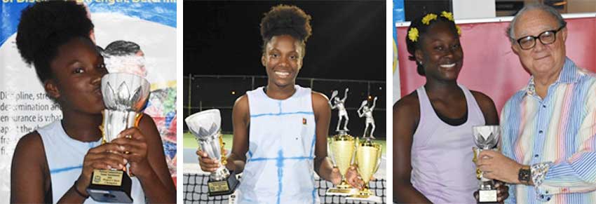 Image: (L-R) Ladies singles champion, Girls Under 16 Champion and Ladies Double Champion - Alysa Elliot; Ladies losing finalsit – Netanya Fassial receving her second place silvereware from SLNTA President – Stephen McNamara . (PHOTO: Anthony De Beauville) 