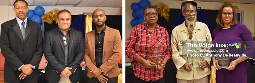 Image: (L-R) SLNCA President – Carol Henry, Sandals Regional Public Relation Manager – Sunil Ramdeen, CWI Vice President – Dr Kishore Swallow; Long Service awards to – Elizabeth Williams, Henry ‘Jah D’ Pierre and Verena Felicien. (PHOTO: Anthony De Beauville)