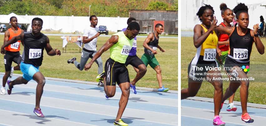 Image: (L-R) No. 1494 Corneil Lionel first across the finish line in the Men 100 meters final in a time of 10.49 seconds; Nos. 1355 Kayla Thorpe & 1252 Jola Felix finish 1st & 2nd in the Women 100 meters finals. (PHOTO: Anthony De Beauville) 