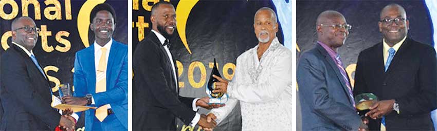 Image: (L-R) Sports Minister Edmund Estaphane presenting the Junior Sportsman of the Year award to Kimani Melius; PS Sports Benson Emile presenting the Lifetime Achievement Award to Denis St Claire; Youth and Sports Officer Ligorious Marquis receiving a special award from Sports Minister Edmund Estaphane. (PHOTO: Anthony De Beauville)