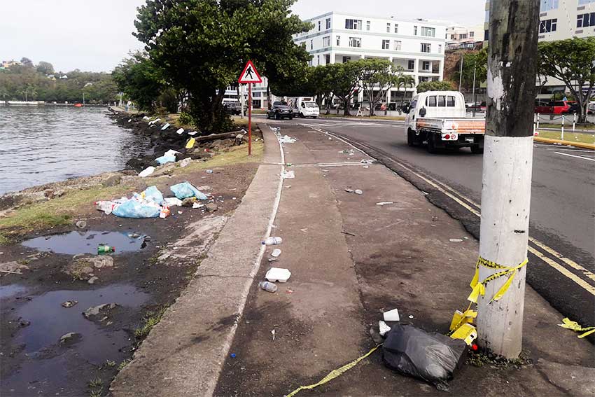 Image of garbage strewn along the Castries Waterfront yesterday morning.