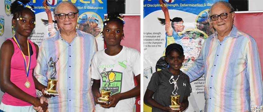 Image: (L-R) Girls Under 12 champion – Amara Jn Marie, SLNTA President – Stephen McNamara, losing finalist – AmiaJn Marie; Boys Under 12 champion, Green Ball Champion and Green Ball Doubles Champion – Ahlil Cyril. (PHOTO: Anthony De Beauville) 