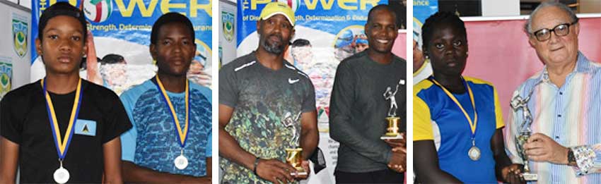 Image: Double champions – Hamlet Phillip and Ron Blanchard; Girls Under 18 losing finalist – Iyana Paul receiving her second place trophy from SLNTA President – Stephen McNamara. (PHOTO: Anthony De Beauville) 