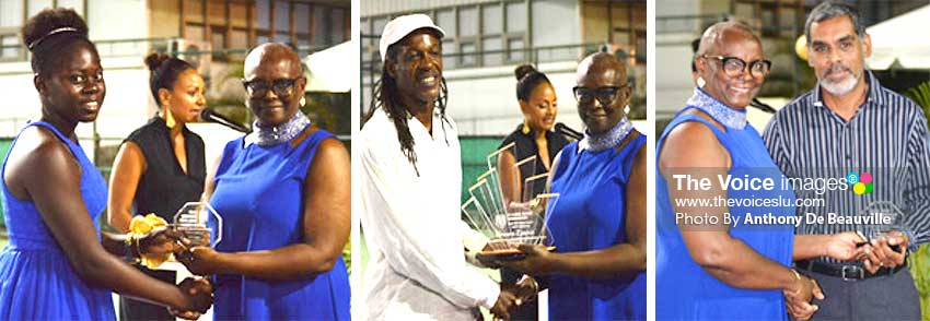 Image: (L-R) Iyana Paul, Junior Female Tennis Player for Year; Vernon Lewis first Inductee in the Hall of Fame and Trevor Huntereceiving the Junior Male Tennis Player award on behalf of Jordan Hunte who is currently out of state on studies, the three individuals received the awards from SLOC President, Fortuna Belrose. (PHOTO: Anthony De Beauville/MW) 