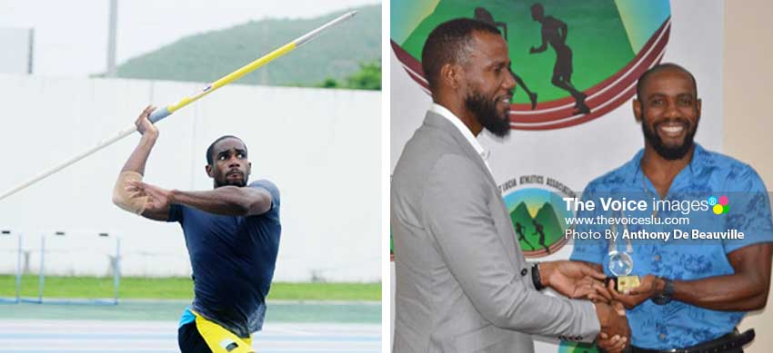 Image: (L-R) Javelin thrower Albert Reynolds in action at the GOS; Permanent Secretary in the Ministry of Youth Development and Sports, Benson Emile presenting Reynolds with his award. (PHOTO: DP/Anthony De Beauville) 