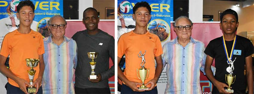 Image: (L-R) Men’s singles champion Joey Angeloni, SLNTA President – Stephen McNamara and losing finalist - Ron Blanchard; Boys 18 champion Joey Angeloni, SLNTA President – Stephen McNamara and losing finalist – Arden Rosemond. (PHOTO: Anthony De Beauville)