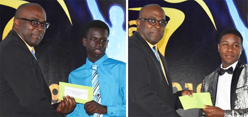 Image: (L-R) Deputy Chairman National Lotteries Authority – John Estaphane presenting award to Keegan Caul a member of the National Under 15 football team and Alex Quincy Pierre a member of the Special Olympic Team that travel to Abu Dhabi to participate in the World Games. (PHOTO: Anthony De Beauville)