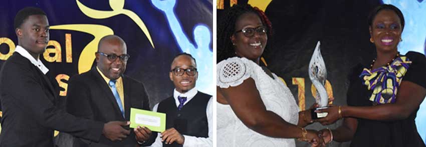 Image: Deputy Chairman National Lotteries – John Estaphane presenting award to two members of the National Under 20 Volleyball team; Director of Youth – Mary Wilfred presenting Posthumous award to Errol Weekes daughter Sherma Weekes. (PHOTO: Anthony De Beauville)
