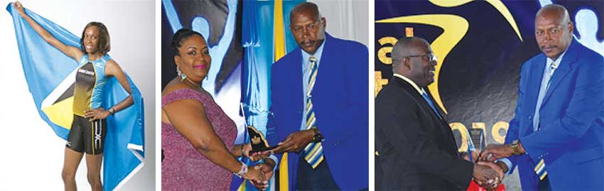 Image: (L-R) - (Leven Spencer; DPS Ministry for Youth Development and Sports Liota Charlemagne presenting Gregory Dickson with Levern Spencer’s Senior Athlete for the Year award; Sports Minister – Edmund Estaphane presenting Gregory Dickson with the Senior Sportswoman for the Year award. (PHOTO: Anthony De Beauville/Getty Images) 