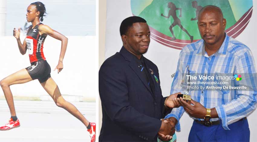 Image: (L-R) World-ranked high jumper Levern Spencer in action; SLAA President Cornelius Breen presenting Levern Spencer’s local manager Gregory Dickson with the 2019 Senior (female) Athlete of the Year award. (PHOTO: Anthony De Beauville)