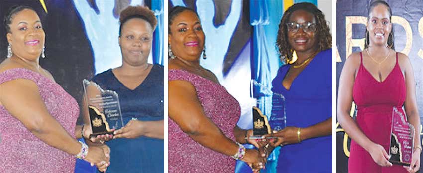 Image: (L-R) DPS Liota Charlemange - Mason presenting the Senior Cricketer for the Year award to Tia Charles, Johnson Charles’ wife; Shekera Barclette receiving the Senior Footballer for the Year award from DPS Liota Charlemange on behalf of her Brother Vino Barclette; Senior female Volleyball Player for the Year Kerin Neptune all in smiles. (PHOTO: Anthony De Beauville) 