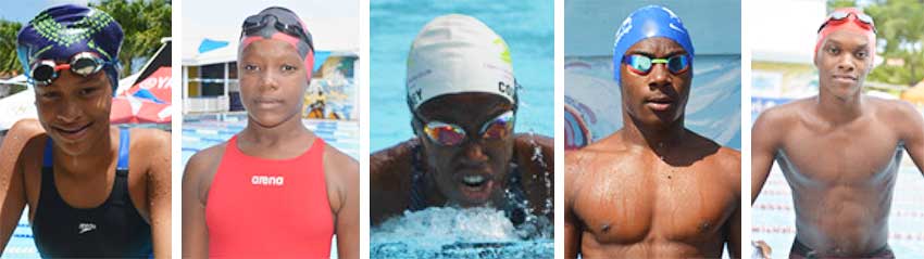 Image: (L-R) Maliyah Henry, Anyka Holder (Southern Flying Fish); Courtney Paul (Lightning Aquatic), Ziv Reynolds and Allandre Cross (Sharks) will be going all out to qualify. (PHOTO: Anthony De Beauville) 