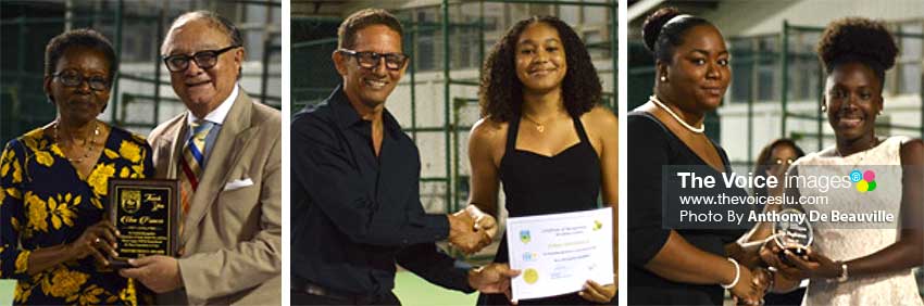 Image: (L-R) Mary Francis receiving the Posthumous award from SLTA President Stephen McNamara on behalf of her deceased sister/ tennis player, Una Francis; Junior players, JorjaMederick and Alysa Elliot receiving awards. (PHOTO: Anthony De Beauville/MW) 