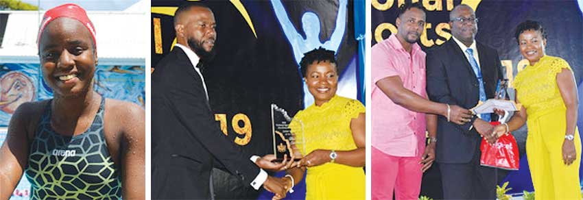 Image: (L-R) Mikaili Charlemangne; PS Sports Benson Emile presenting Mikaili’s mother Constance Rene with the Junior Swimmer of the Year Award; Gabriel Charlemange and Constance Rene (Mikaili’s parents) receiving the Junior Sportswoman for the Year award from Sports Minister Edmund Estaphane. (PHOTO: Anthony De Beauville)