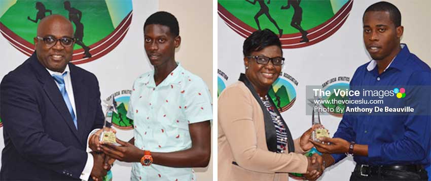 Image: (L-R) NLA representative John Estaphane presenting the Junior (male) Athlete of the Year award to Jaheim Ferdinand; Chief Education Officer Fiona Mayer presenting a family member of Julien Alfred with the Junior (female) Athlete of the Year award. (PHOTO: Anthony De Beauville)
