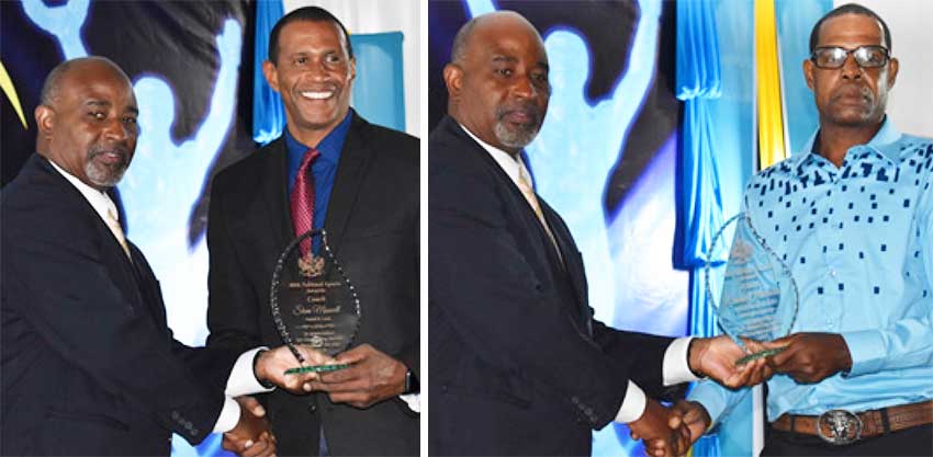 Image: (L-R) Director of Sports – Patrick Mathurin presenting Brian Charles (Swimming) and Conrod Fredrik (Boxing) with coaches awards. (PHOTO: Anthony De Beauville)