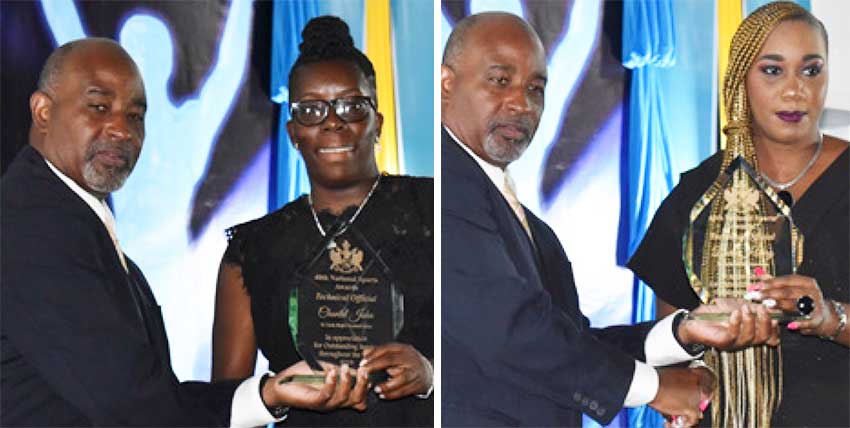 Image: (L-R) Director of Sports Patrick Mathurin presenting Chantal John (Rugby) and Dora Henry (Athletics) with their Technical Official Award. (PHOTO: Anthony De Beauville)