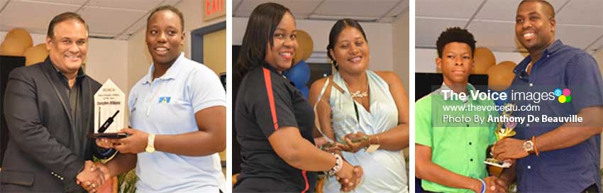 Image: (L-R) Sandals Regional Public Relations Manager Sunil Ramdeen presenting the Senior female Cricketer of the Year award to Qiana Joseph who collected on behalf of Swaylene Williams; Rachel Scott, receiving Long Serving President of the Cricket Association Award from EsteherTheophane and Simeon Gerson receiving the award for most wickets in the Sandals tournament from SLNCA Treasurer Celestine Laurent. (PHOTO: Anthony De Beauville) 