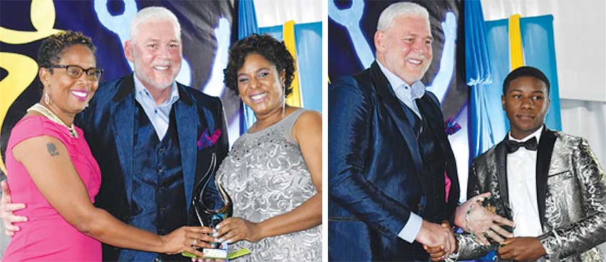 Image: (L-R) Lightning Aquatics President Tessa Charles - Louis and Loyola Edwin (Fundraising Officer) receiving the Club of the Year award from Prime Minister Allen Chastanet; PM Chastanet presenting Special Olympian Alex Quincy Pierre with his award. (PHOTO: Anthony De Beauville)