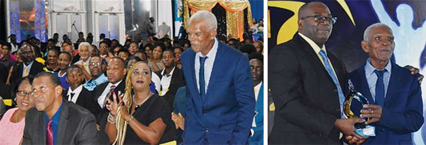 Image: (L-R Long Distance Walker Gregor Philgence receives thunderous applause from the audience as he heads to the stage for his award; Sports Minister Edmund Estaphane presenting Gregor Philgence with the Minister’s Award. (PHOTO: Anthony De Beauville)