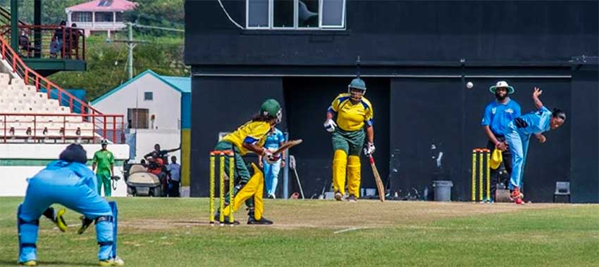 Image: Saint Lucia’s Yasmine St. Ange bowls a delivery, to date she has taken 9 wickets for 54 runs from two matches. PHOTO: SA)