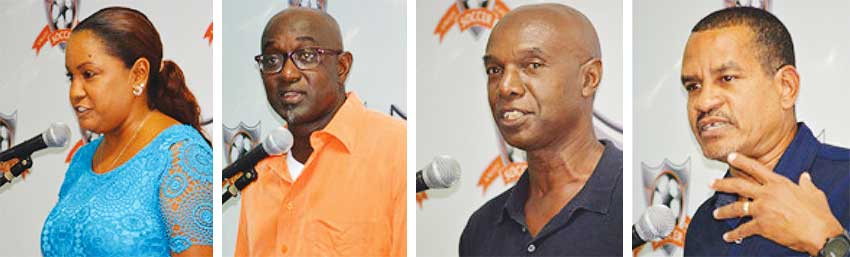 Image: (L-R) Dione Benn delivering the welcome remarks, VSA President - Francis Daniel delivering the Year in review; SLFA Technical Director - Cess Podd addressing the gathering and LUCELEC’s Corporate Manager - Roger Joseph presenting the Key Note address. (PHOTO: Anthony De Beauville)