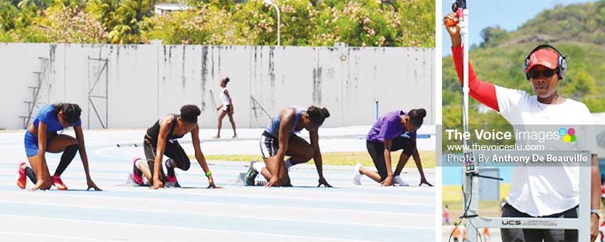 Image: (L-R) Girls 100 meters athletes on the ‘Marks’ female starter Drmia Brown in command. (PHOTO: Anthony De Beauville) 