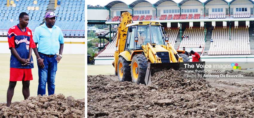 Image: (L-R) Ken Crafton (right) supervising works at DSCG, turf being cleared on the square. (PHOTO: Anthony De Beauville) 