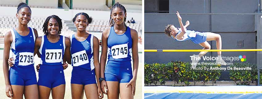 Image: (L-R) ) SJC U16 4x100 metres relay team; St.Clair Therese win the girls Under 16 High Jump. (PHOTO: Anthony De Beauville)