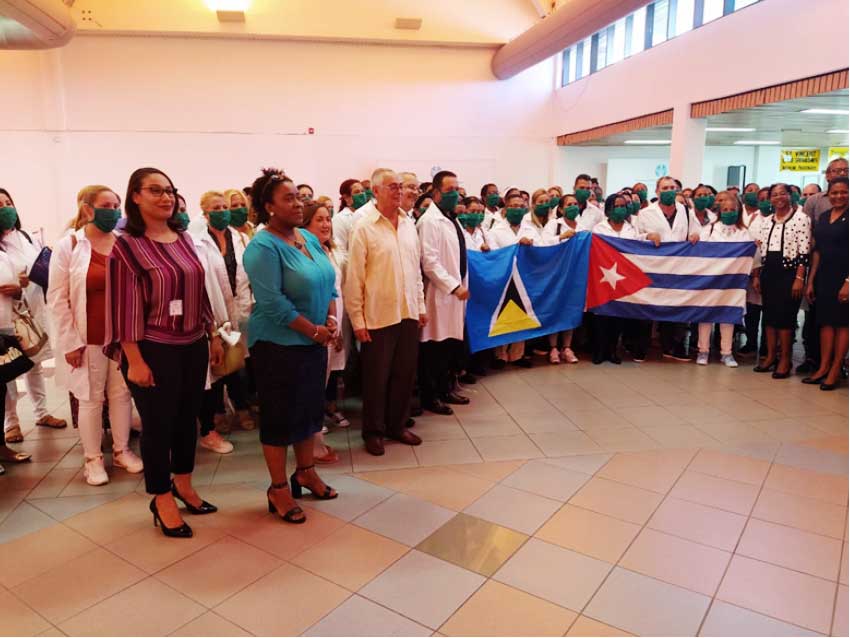 Image: St Lucia-Cuba Humanistic Solidarity Association President Marlene Alexander welcomed the medical team on arrival in Vieux Fort.