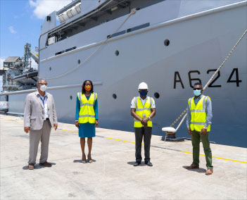 Image From left: Honorary Consul of France to Barbados Captain Don G. CHEE-A-TOW, Executive Director (ag) of CDEMA Elizabeth Riley, Logistics Specialist at CDEMA Curtis Dennie and Communication and Education Specialist at CDEMA Clive Murray present at the loading of supplies to be delivered to the four CDEMA Participating States.