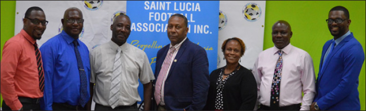 Image: (L-R) SLFA executive members, Kendall Emmanuel, Emmanuel Belase, Stephen Regis, Lyndon Cooper (President), Mary Campbell, Alvin Francis and Charde Desir . (PHOTO: Anthony De Beauville)