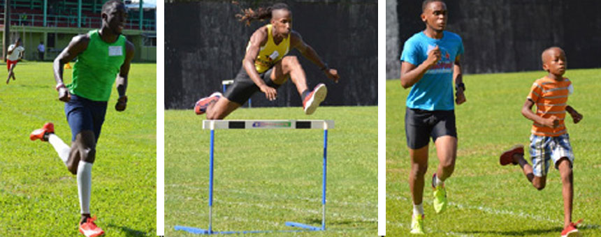 Image: (L-R) Michael Joseph (300 metres); Darren Roberts (300 metres Hurdles); Kamali Jean and Lufan Fortune in battle (1000 metres boys). (PHOTO: Anthony De Beauville)