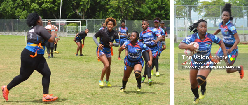 Image: (L-R) Rogues and Whiptail Warriors women’s team in action; Merrissa Wilfred (Whiptal Warriors) head for a touch down. (PHOTO: Anthony De Beauville)