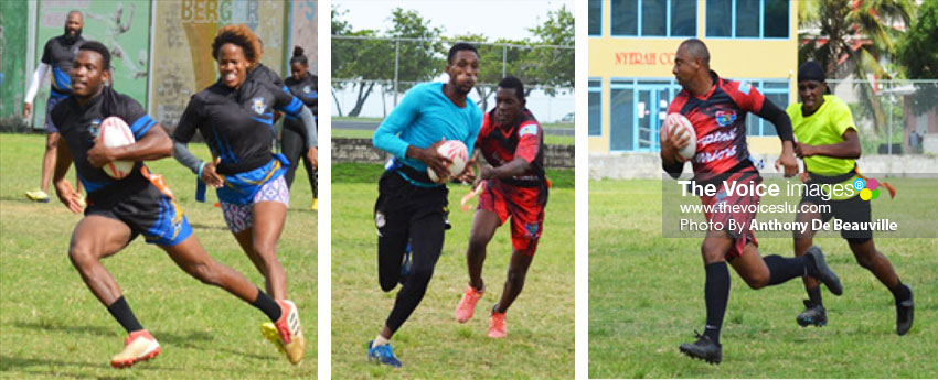 Image: (L-R) Vitus Jn Pierre heads home for a touchdown with Marilyn Cherry in hot pursuit; Latin Nicholson too fast for the pack and Kurt Phillip makes life difficult for Clovis Samuel. (PHOTO: Anthony De Beauville)