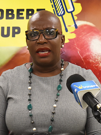 Image of Minister for Education, Innovation, Gender Relation and Sustainable Development, Dr. Gale Rigobert addressing the media on Wednesday. (PHOTO: Anthony De Beauville)