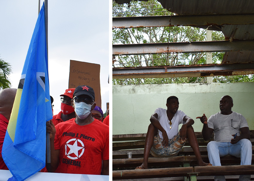 Image: (L-R) Parliamentary representative for Castries East – Philip J. Pierre; two football fans having a conversation under the dilapidated roof at the Marchand Grounds.(Photo: Anthony De Beauville) 