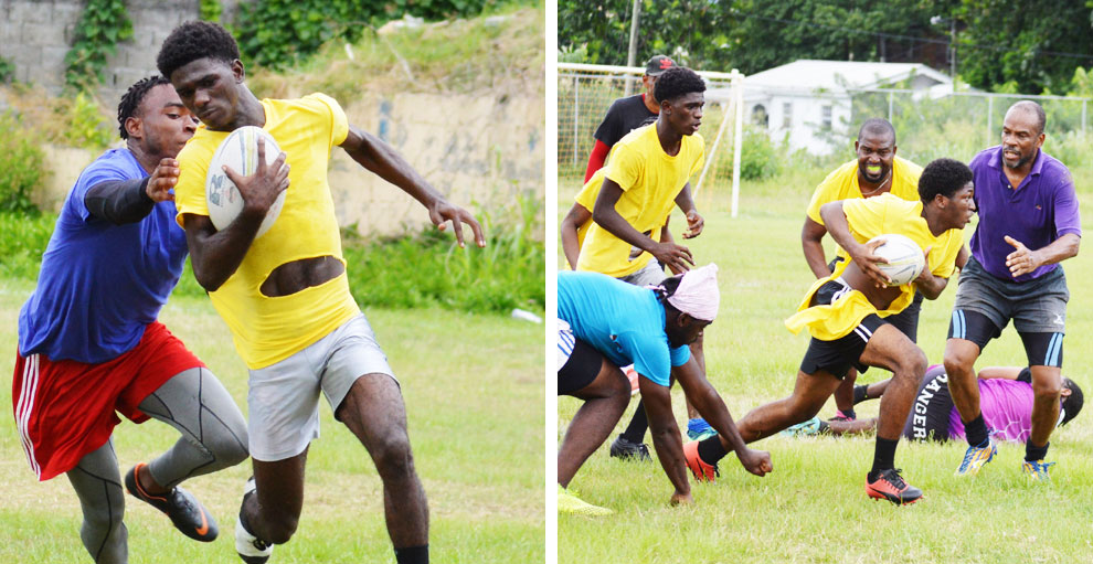 Image: (L-R) Despite Renegades came roaring in against Monchy Sharks, Samaki Jamie Daniel and Marvron Graham with ball in hand proved that they were all set for the challenge. (PHOTO: Anthony De Beauville)