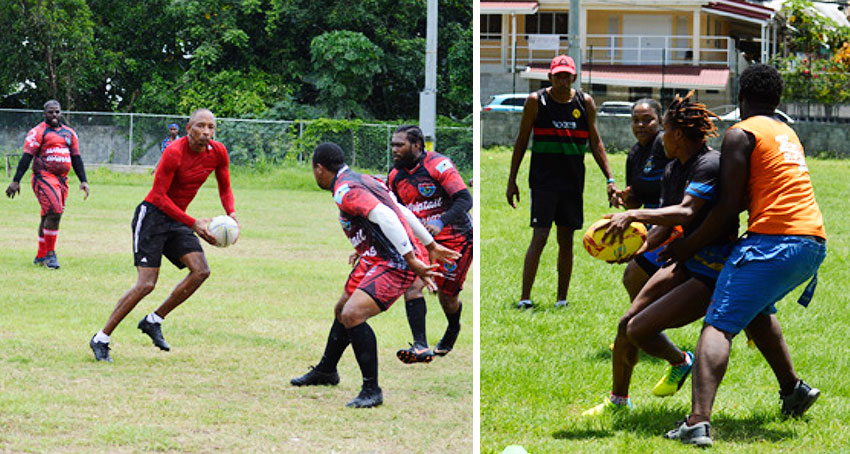 Image: Wayne Pantor with ball in hand showing some of yesteryear brilliance versus Whiptail Warriors; Wayne takes charge of the encounter as Referee. (PHOTO: Anthony De Beauville). 