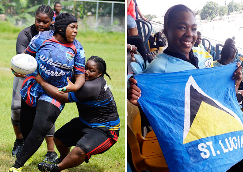 Image: (L-R) Kesha Edgar with ball in hand is being tackled by two Rogues’ players during the 7s tournament Kesha a true Saint Lucian at heart. (Photo: Anthony De Beauville) 