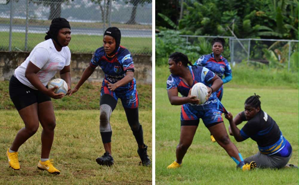 Image: (L-R) Winne – Della Rene in action against Marilyn Cherry; Winne – Della is heavily challenged by a Rouges player (Whiptail Warriors)
