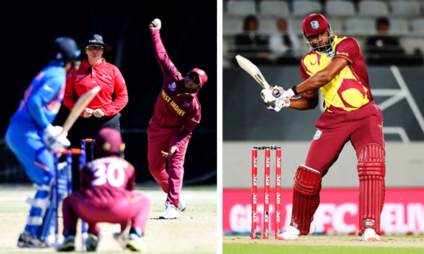 Image: Anisa Mohammed in her delivery stride and Kieron Pollard shapes to smash on the leg side.(Photo: ICC/Getty Images)