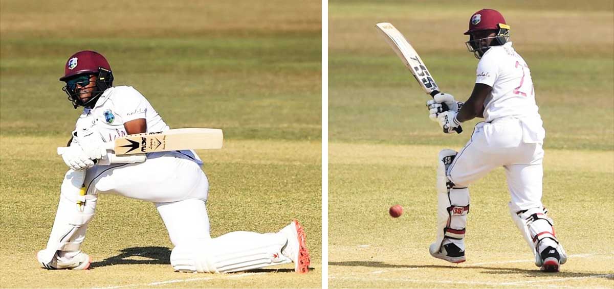 Image: (L-R) Kraigg Brathwaite (scored 76 in the 1st innings) sweeps down on one knee; Jermaine Blackwood (68) works one off his pads. (Photo: AFP via Getty Images)