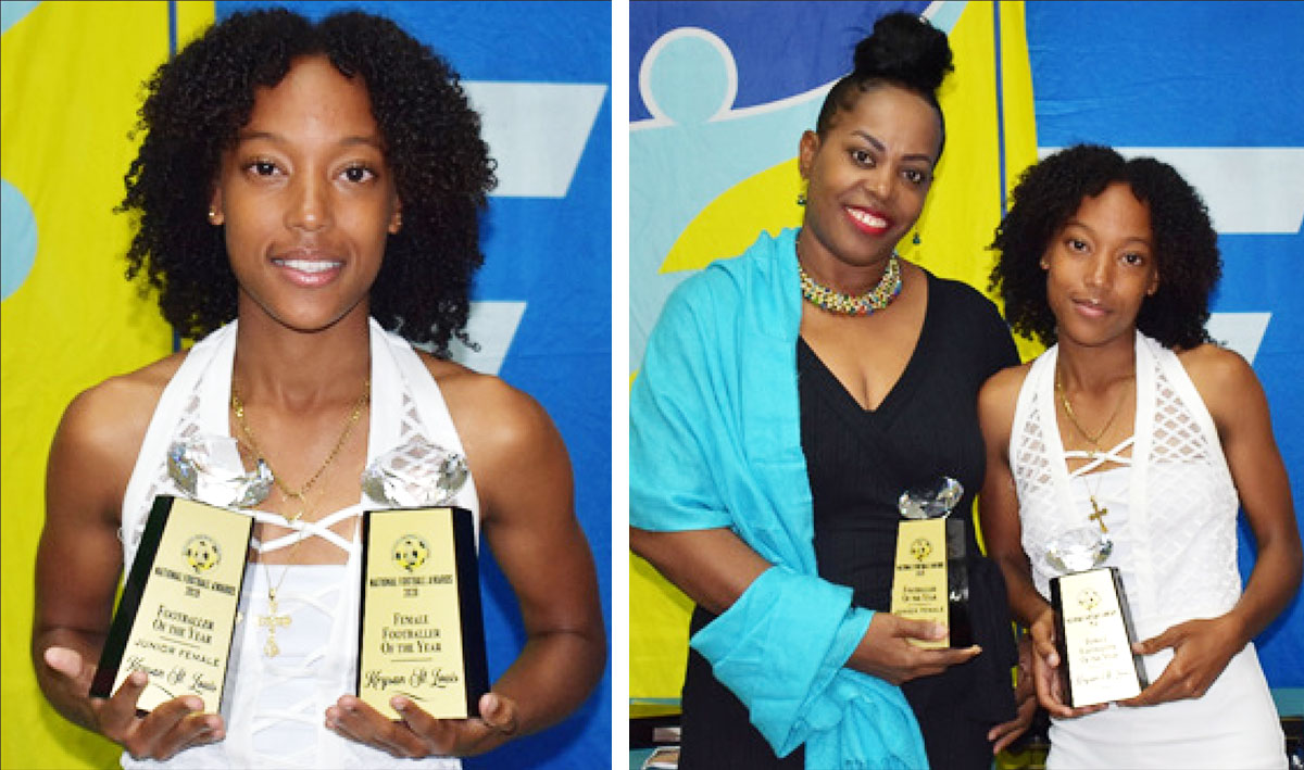 Image: (L-R) SLFA Junior and Senior female footballer for the year 2019 Krysan St. Louis; photo moment for Shenelle St. Louis (mother) and Krysan St. Louis. (PHOTO: Anthony De Beauville)