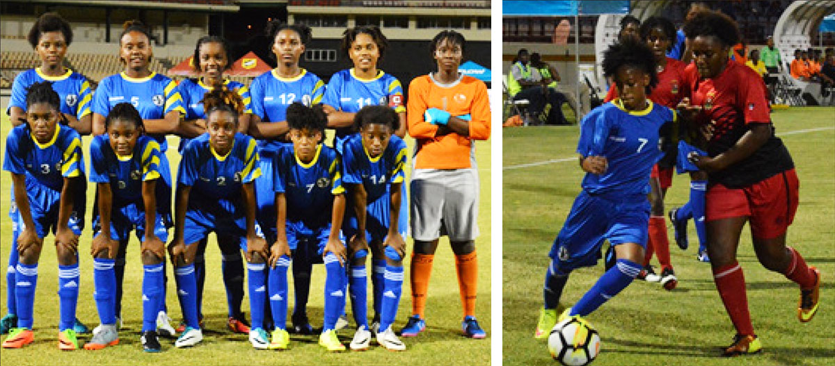 Image: (L-R) Saint Lucia national Under 17 team, Krysan St. Louis fourth from left front row); No.7 Krysan St. Louis in action against Antigua and Barbuda in CONCACAF Under 17 qualifier at the Daren Sammy Cricket Ground. (PHOTO: Anthony De Beauville)