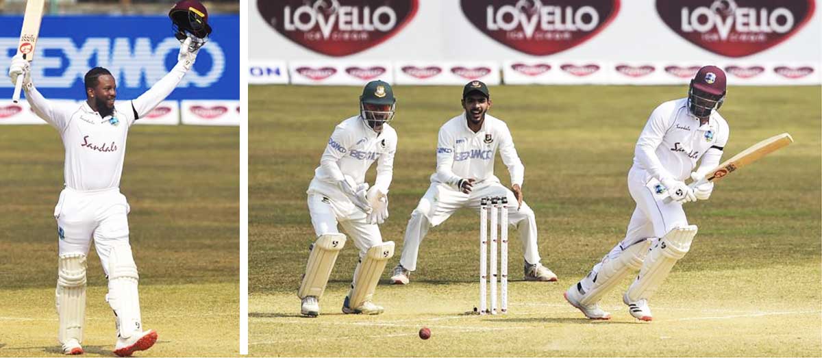 Image: (l-r) Kyle Mayers, only the eighth player in men's Tests to score a fourth-innings century, celebrates upon reaching the three-digit score; Kyle Mayers work one off his pads. (Photo: AFP via Getty Images)