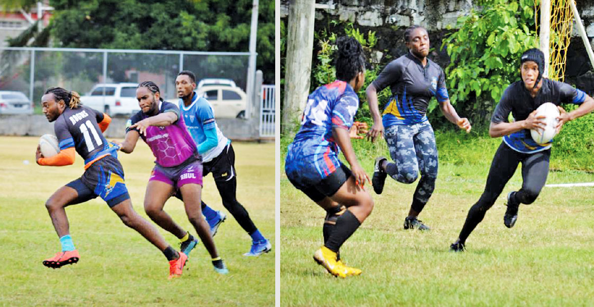 Image: Flashback 2020!! (L-R) Rugby action in the men and women’s 7s tournament. (Photo: Anthony De Beauville)